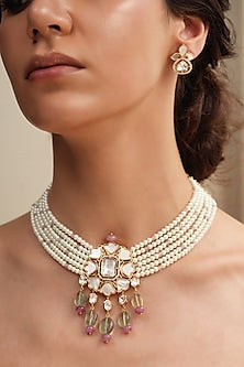 Gold Finish White Beaded & Kundan Polki Necklace Set