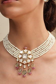 Gold Finish White Beaded & Kundan Polki Necklace Set
