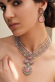 Gold Finish Pink Stone & Grey Beaded Necklace Set