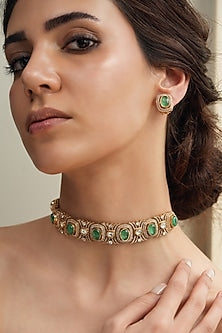 Gold Finish Light Green Stone Choker Necklace Set