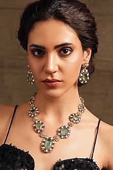 Gold Finish Green & Pink Stone Victorian Necklace Set