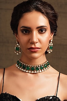 Gold Finish Green Stone Choker Necklace Set