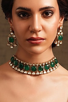 Gold Finish Green Stone Choker Necklace Set