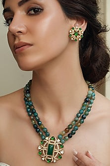 Gold Finish Polki Diamond & Green Beaded Pendant Necklace Set