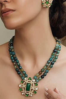 Gold Finish Polki Diamond & Green Beaded Pendant Necklace Set
