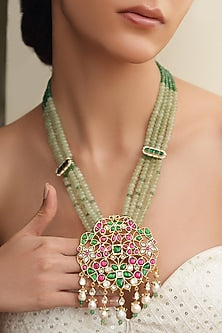Gold Finish Multi-Colored Stone & Beaded Long Necklace