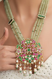 Gold Finish Multi-Colored Stone & Beaded Long Necklace