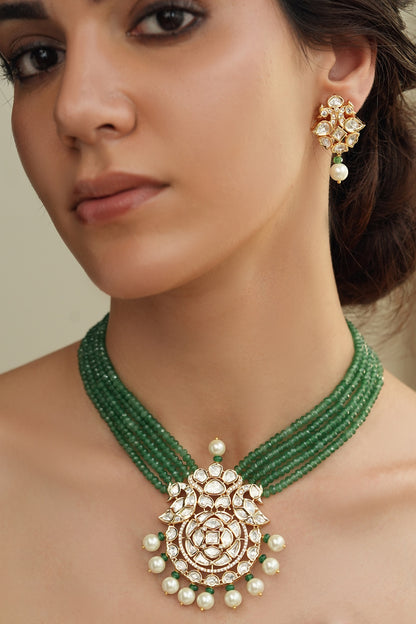 Gold Finish Kundan Polki & Green Beaded Necklace Set