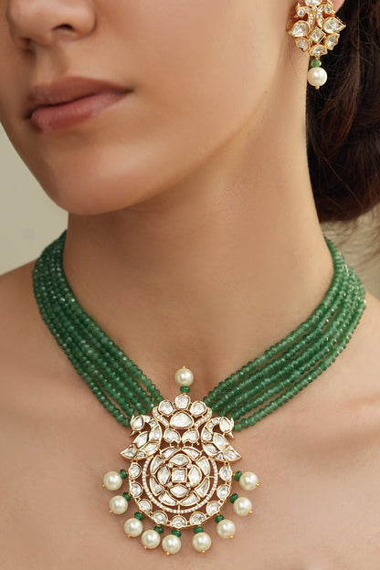 Gold Finish Kundan Polki & Green Beaded Necklace Set