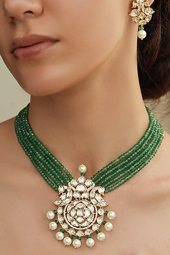Gold Finish Kundan Polki & Green Beaded Necklace Set
