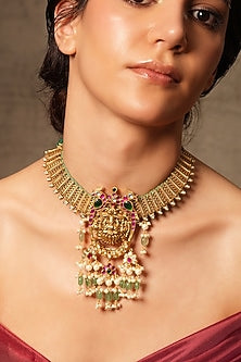 Gold Finish Pearl Temple Choker Necklace