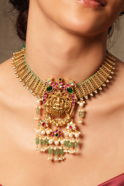 Gold Finish Pearl Temple Choker Necklace