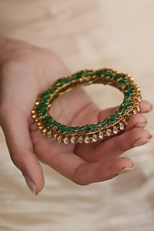 Gold Finish Green Kundan Polki Floral Curved Bracelet