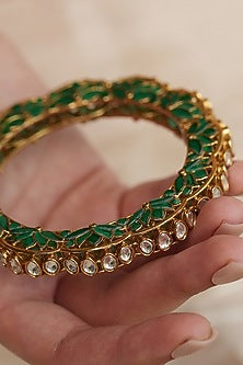 Gold Finish Green Kundan Polki Floral Curved Bracelet