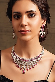 Gold Finish Ruby & Diamond Necklace Set