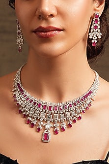 Gold Finish Ruby & Diamond Necklace Set