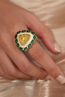 Gold Finish Yellow & Green Stone Triangular Ring