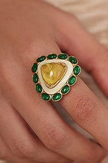 Gold Finish Yellow & Green Stone Triangular Ring