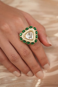 Gold Finish Kundan Polki Meenakari Triangular Ring