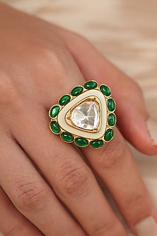 Gold Finish Kundan Polki Meenakari Triangular Ring
