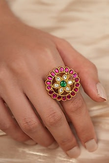 Gold Finish Kundan Polki & Red Stone Floral Ring