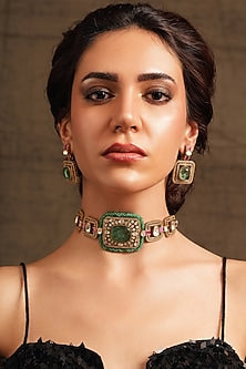 Gold Finish Pink & Green Stone Choker Necklace Set