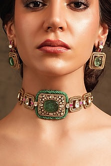 Gold Finish Pink & Green Stone Choker Necklace Set