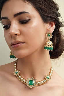Gold Finish Green Stone Hasli Necklace Set