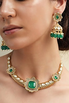 Gold Finish Green Stone Hasli Necklace Set