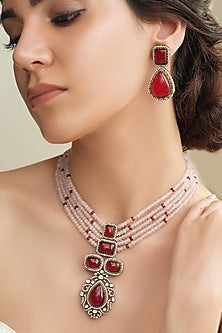 Antique Gold Finish Red Stone & Pink Beaded Necklace Set