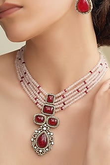 Antique Gold Finish Red Stone & Pink Beaded Necklace Set