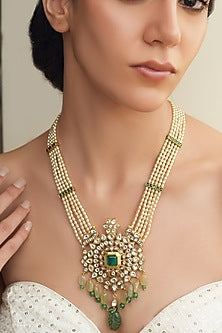 Gold Finish Cream Beaded & Kundan Polki Necklace