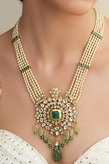 Gold Finish Cream Beaded & Kundan Polki Necklace