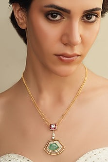 Gold Finish Green Stone Pendant Necklace