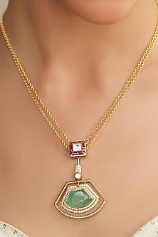 Gold Finish Green Stone Pendant Necklace