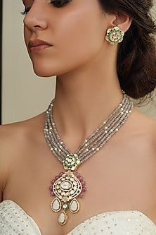 Gold Finish Grey Beaded & Kundan Polki Necklace Set