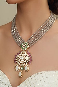 Gold Finish Grey Beaded & Kundan Polki Necklace Set