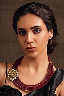 Gold Finish Kundan Polki & Maroon Thread Layered Necklace