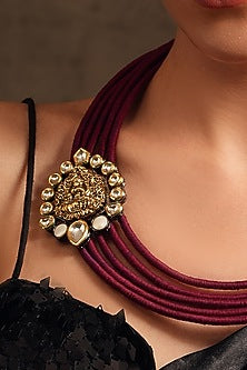 Gold Finish Kundan Polki & Maroon Thread Layered Necklace