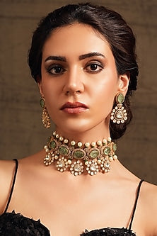 Gold Finish Light Green Stone & Pearl Choker Necklace Set