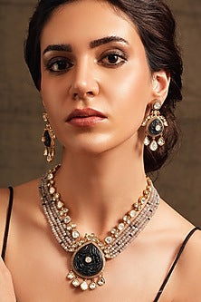 Gold Finish Black Stone & Kundan Polki Necklace Set