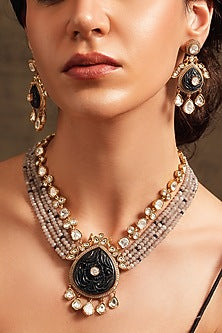 Gold Finish Black Stone & Kundan Polki Necklace Set