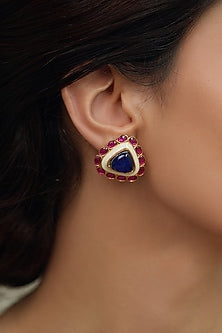 Gold Finish Blue Stone Stud Earrings