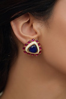Gold Finish Blue Stone Stud Earrings