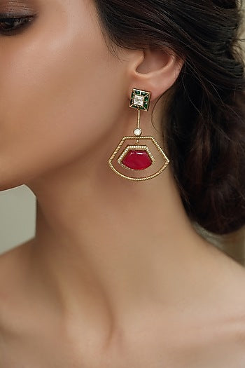 Gold Finish Green & Red Stone Dangler Earrings