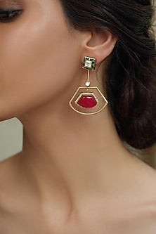 Gold Finish Green & Red Stone Dangler Earrings