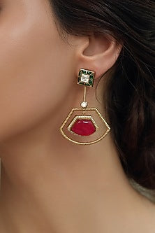 Gold Finish Green & Red Stone Dangler Earrings
