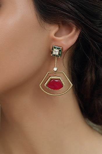 Gold Finish Green & Red Stone Dangler Earrings