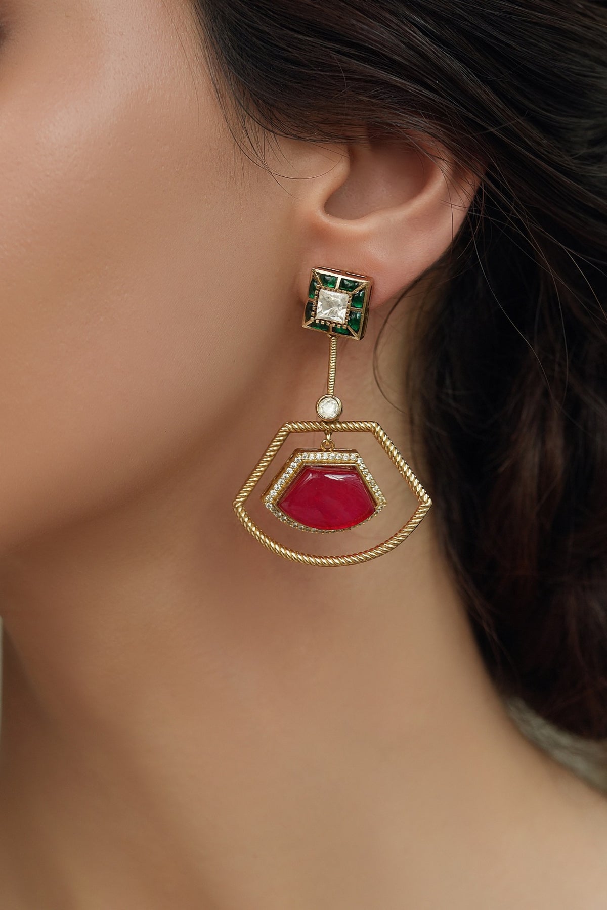 Gold Finish Green & Red Stone Dangler Earrings