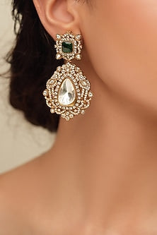Gold Finish Green Stone & Diamond Dangler Earrings